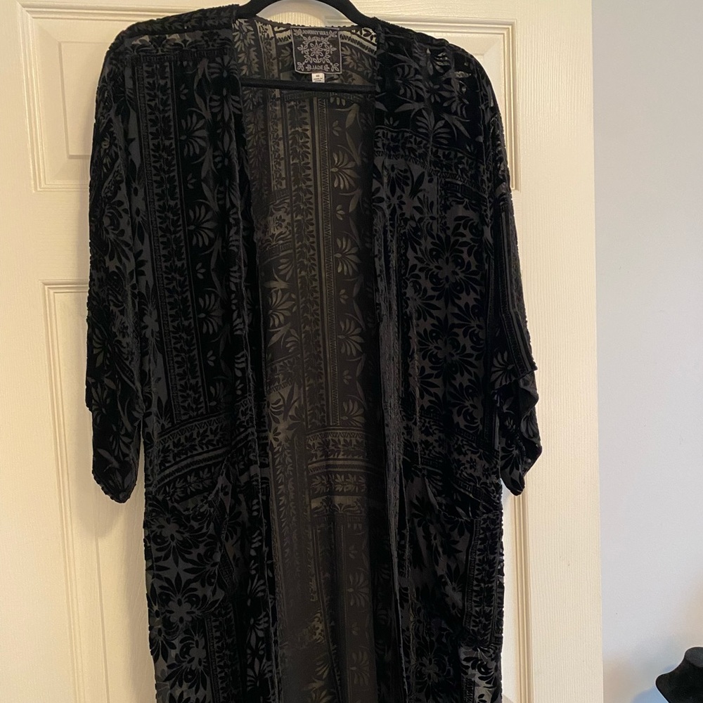 Johnny Was Black Velvet Burnout Open Front Kimono jacket with pockets!